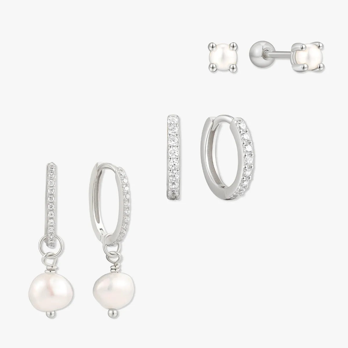 Pearl Dangle Earring Set In Silver