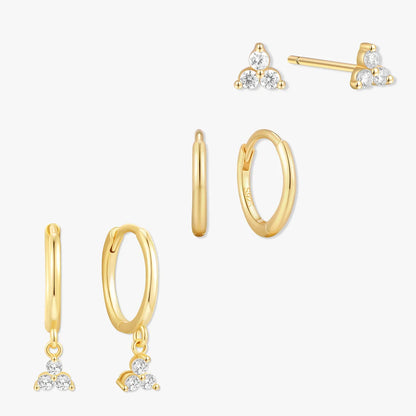 Trio Crystal Dangle Earring Set in Gold
