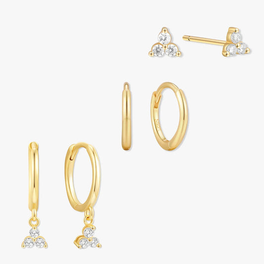 Trio Crystal Dangle Earring Set in Gold