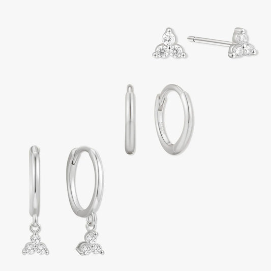 Trio Crystal Dangle Earring Set in Silver