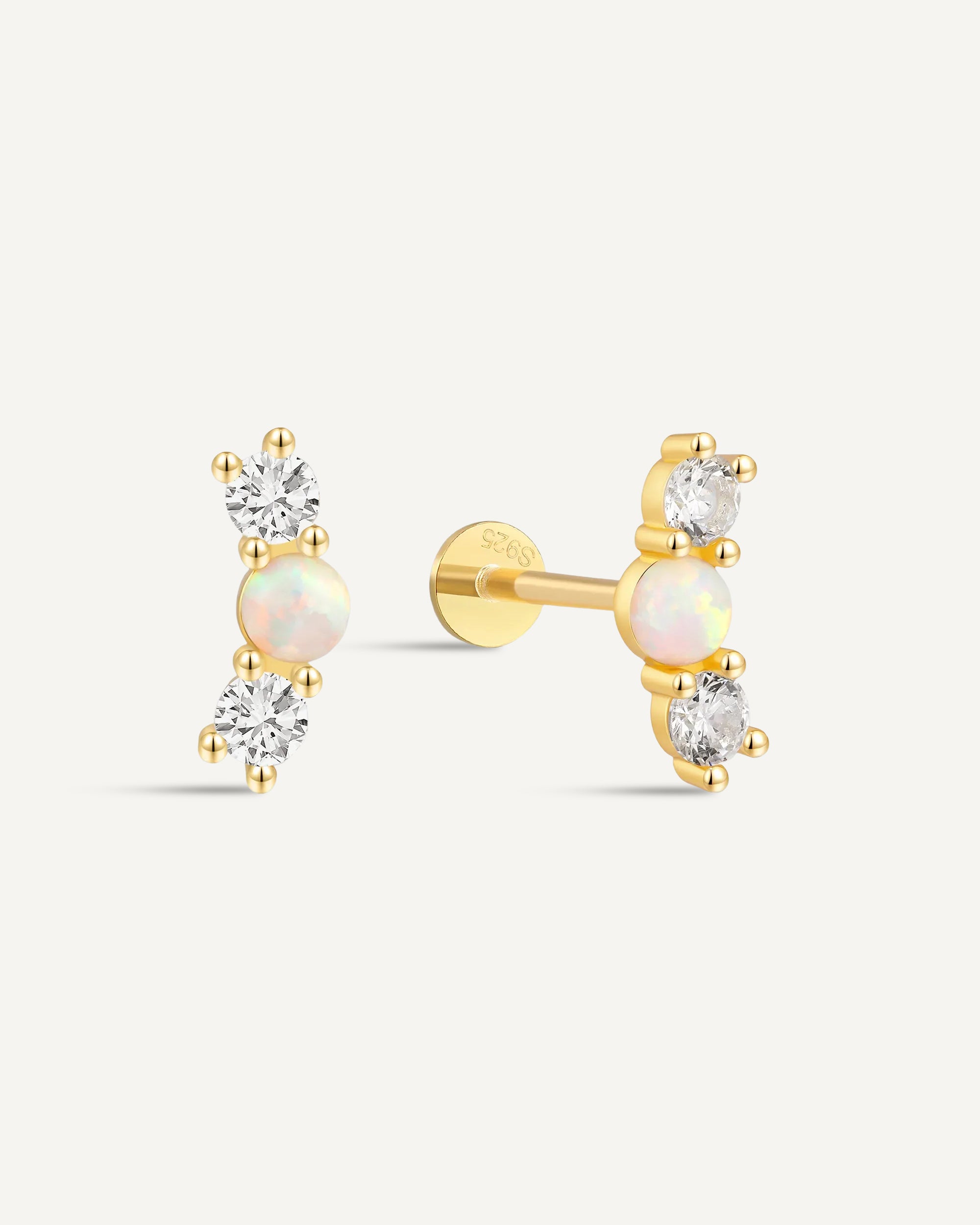 Triple Opal & CZ Flat Back Studs In Gold