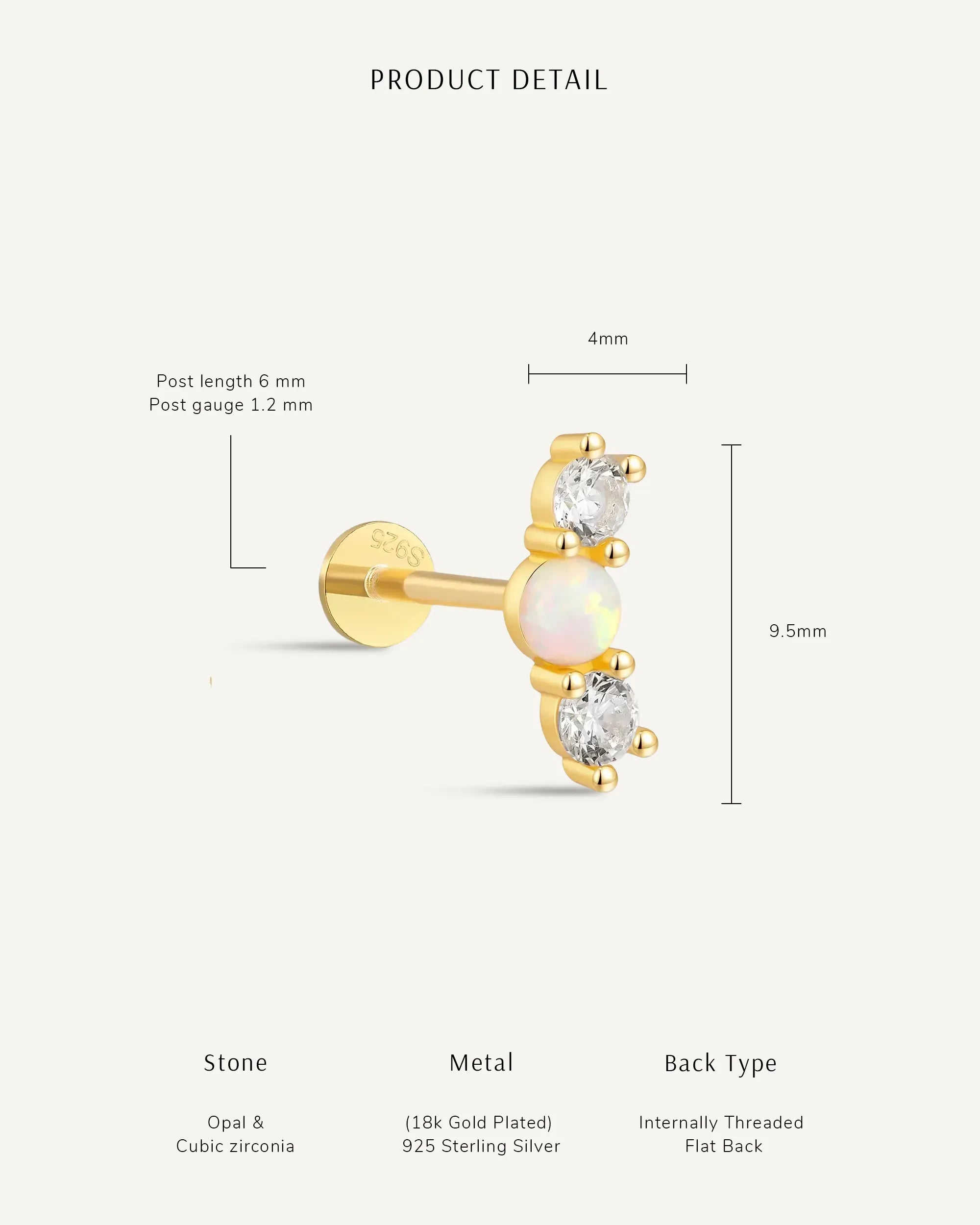 Triple Opal & CZ Flat Back Studs In Gold