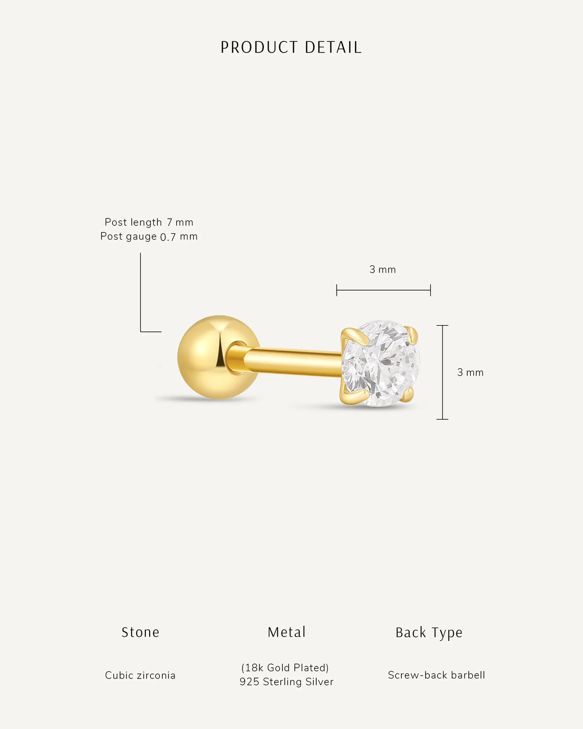 Solitaire CZ Barbell Studs In Silver