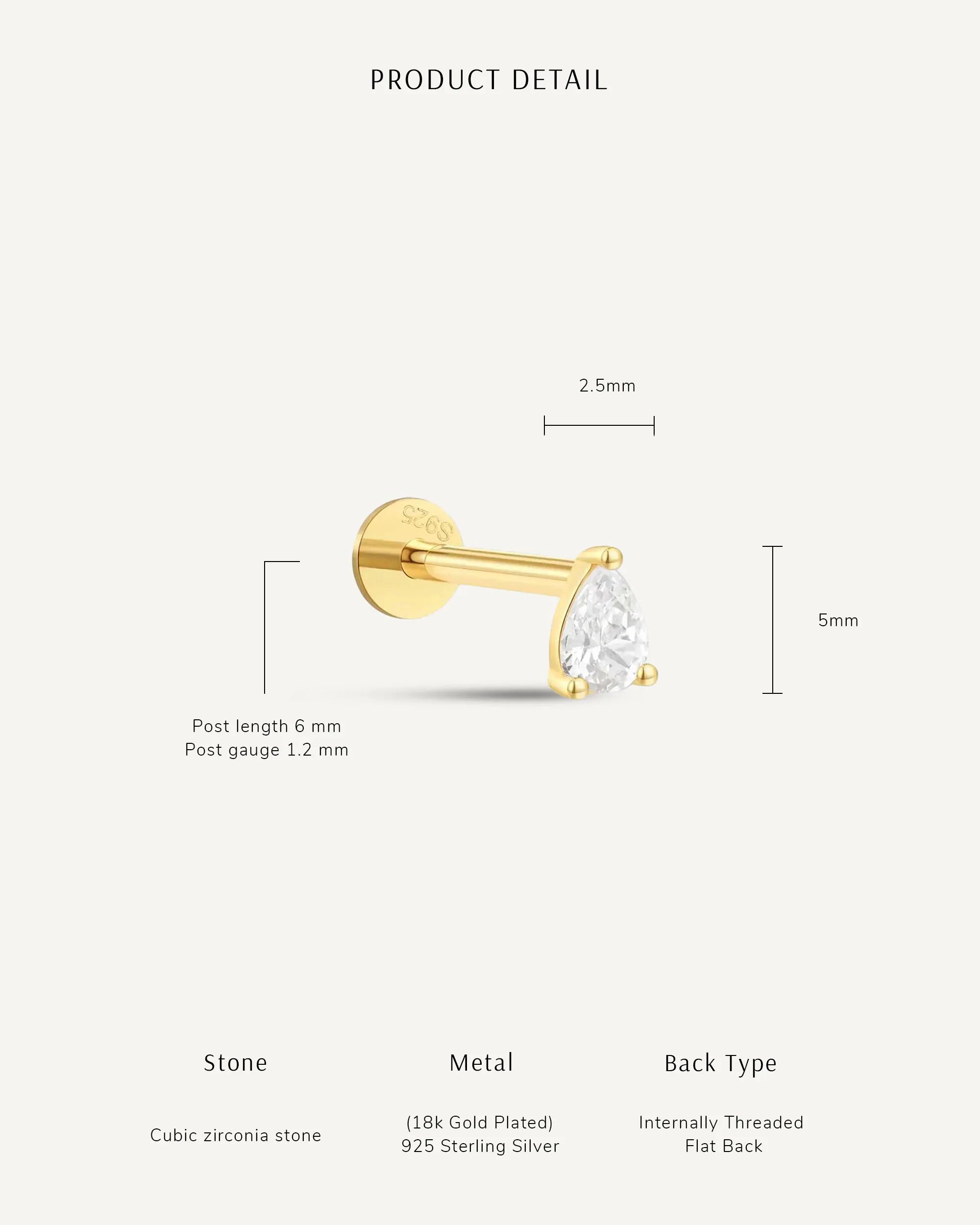 CZ Teardrop Flat Back Studs In Gold