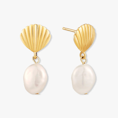 Seashell Pearl Drop Earrings In Gold | LÉA Jewels