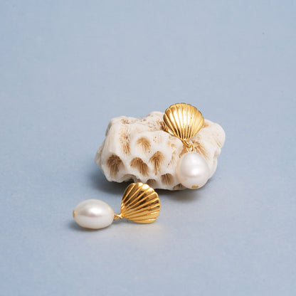 Seashell Pearl Drop Earrings In Gold | LÉA Jewels