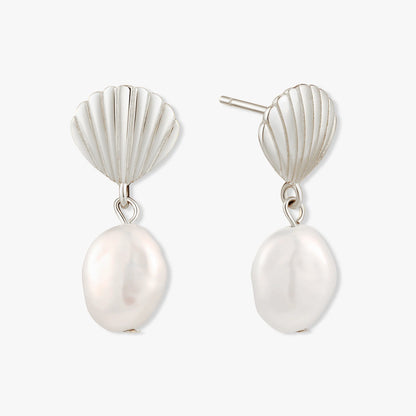 Seashell Pearl Drop Earrings In Silver ｜ LÉA