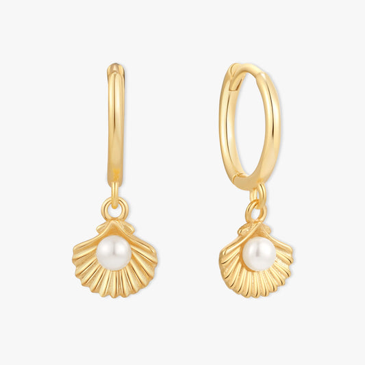 Shell Pearl Dangle Hoops in Gold| LÉA Jewels