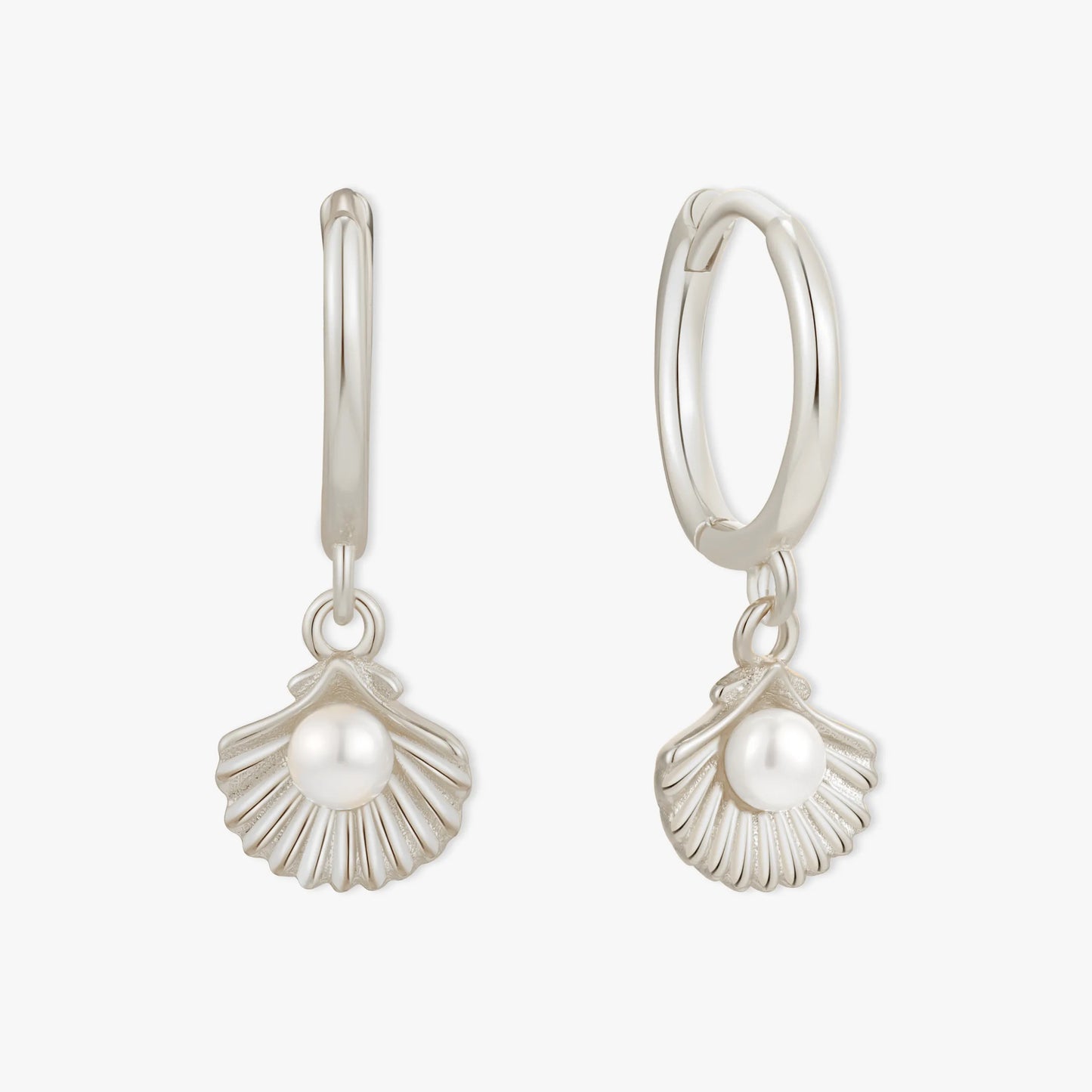 Shell Pearl Dangle Hoops in Silver | LÉA Jewels