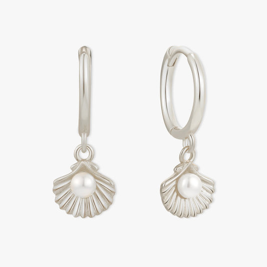 Shell Pearl Dangle Hoops in Silver | LÉA Jewels