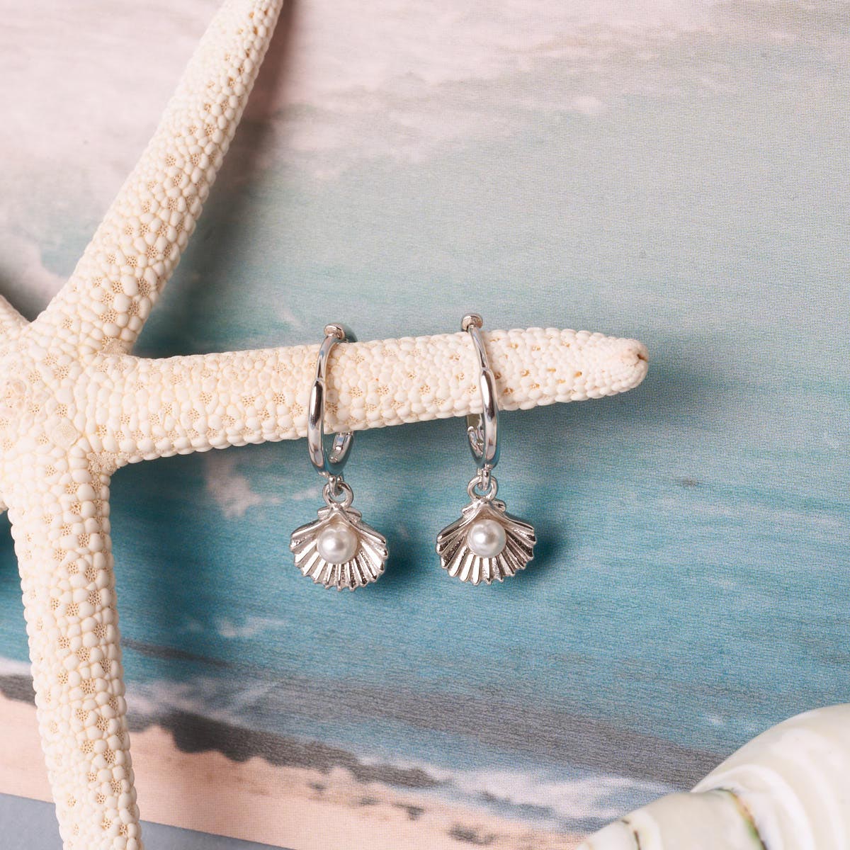 Shell Pearl Dangle Hoops in Silver | LÉA Jewels
