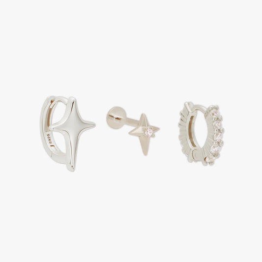 Starburst Hoop Earring Stack In Silver