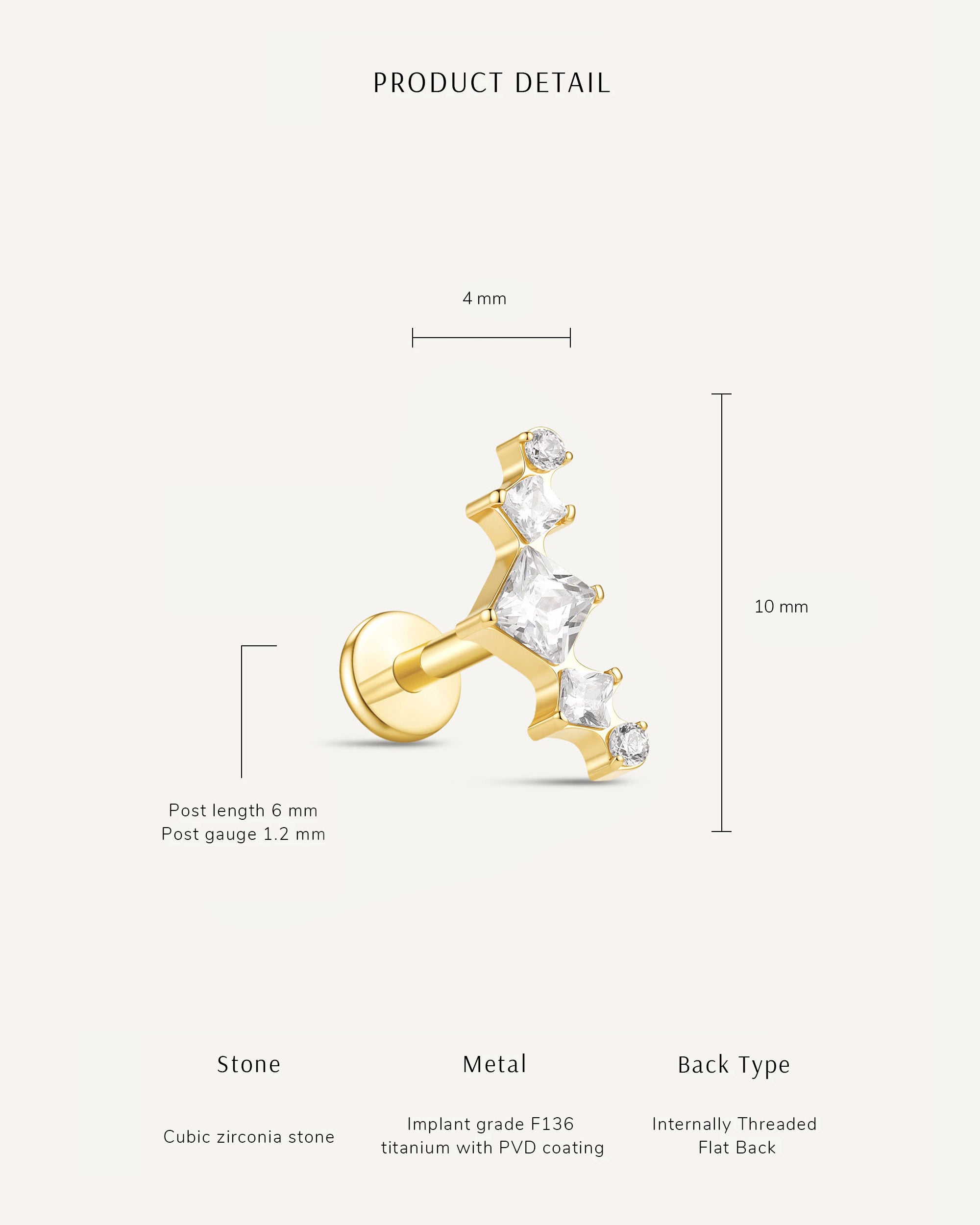 Princess Cut Titanium Flat Back Climber In Gold