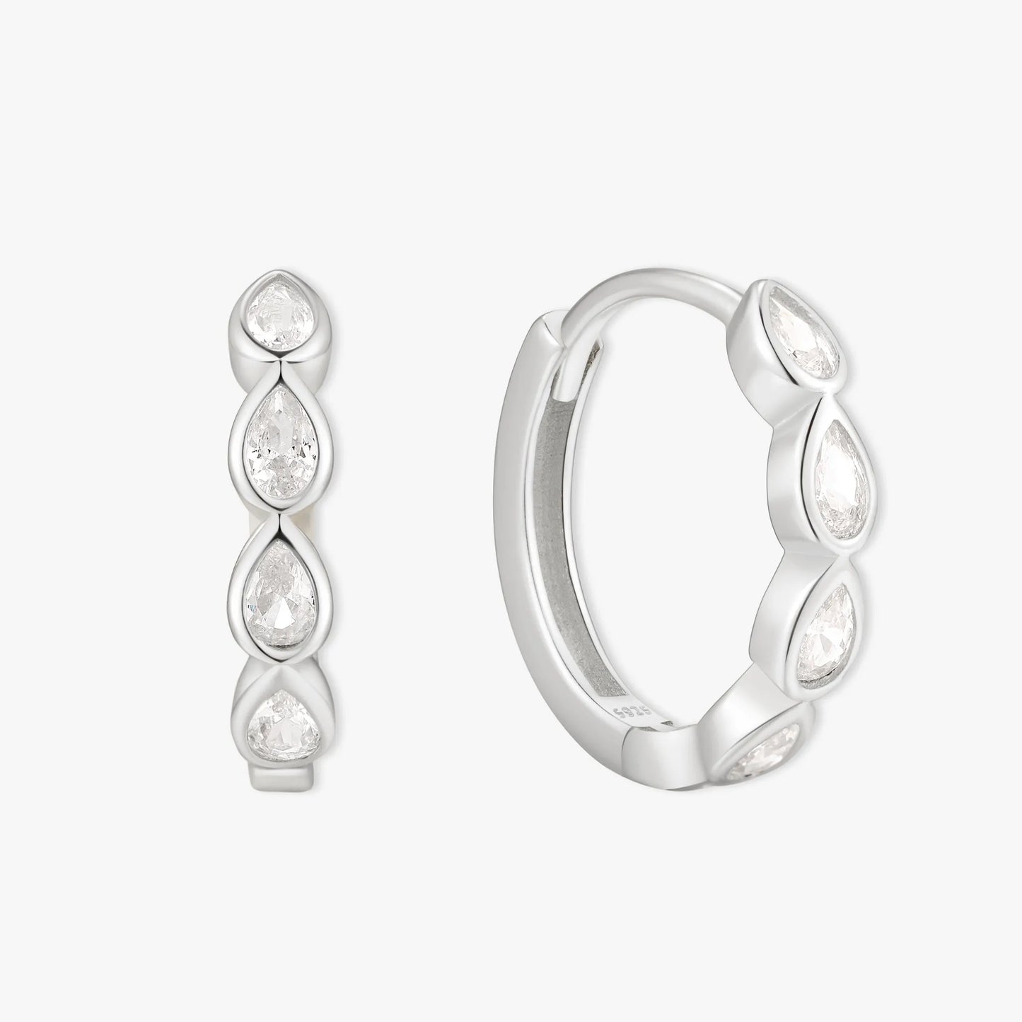 Silver hoop earrings with teardrop-shaped gemstones on a white background