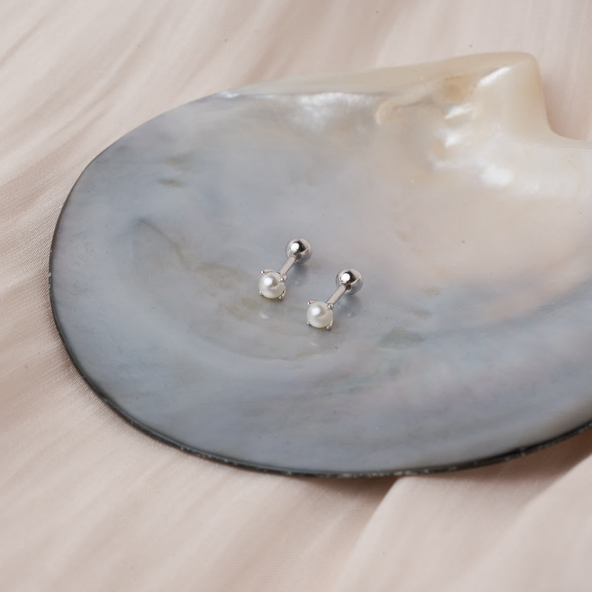 Tiny Pearl Barbell Stud In Silver