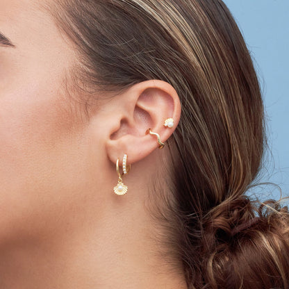 Tiny Shell & Pearl Barbell Studs In Gold | LÉA Jewels