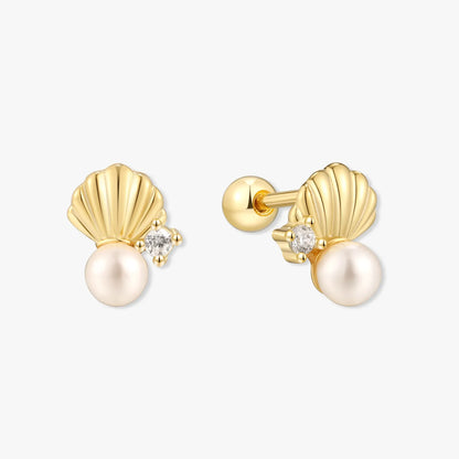 Tiny Shell & Pearl Barbell Studs In Gold | LÉA Jewels