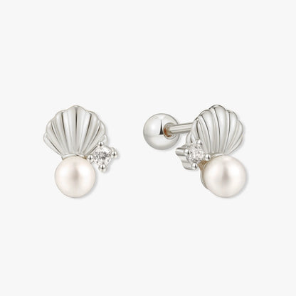 Tiny Shell & Pearl Barbell Studs In Silver | LÉA Jewels