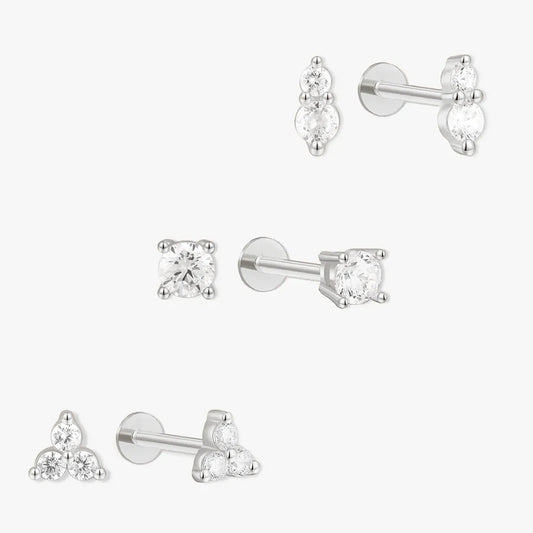 Trio Crystal Flat Back Studs Set in Silver