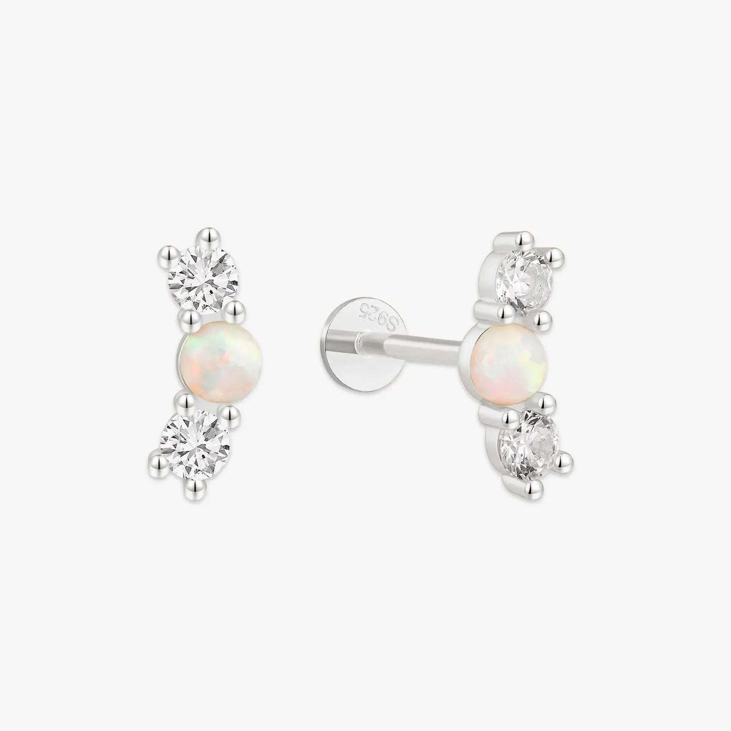 Triple Opal & CZ Flat Back Studs In Silver