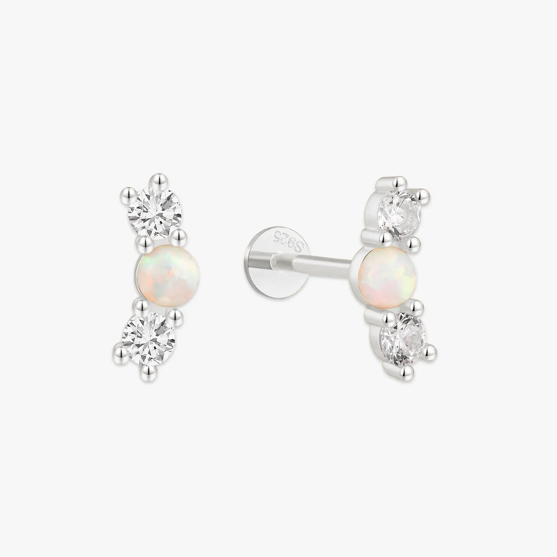 Triple Opal & CZ Flat Back Studs In Silver