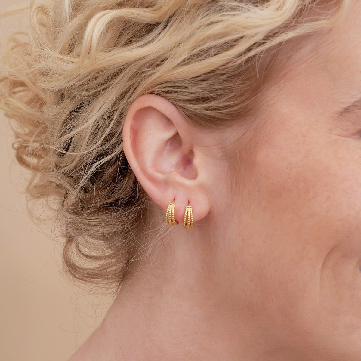 Triple Textured Huggie Hoops in Gold