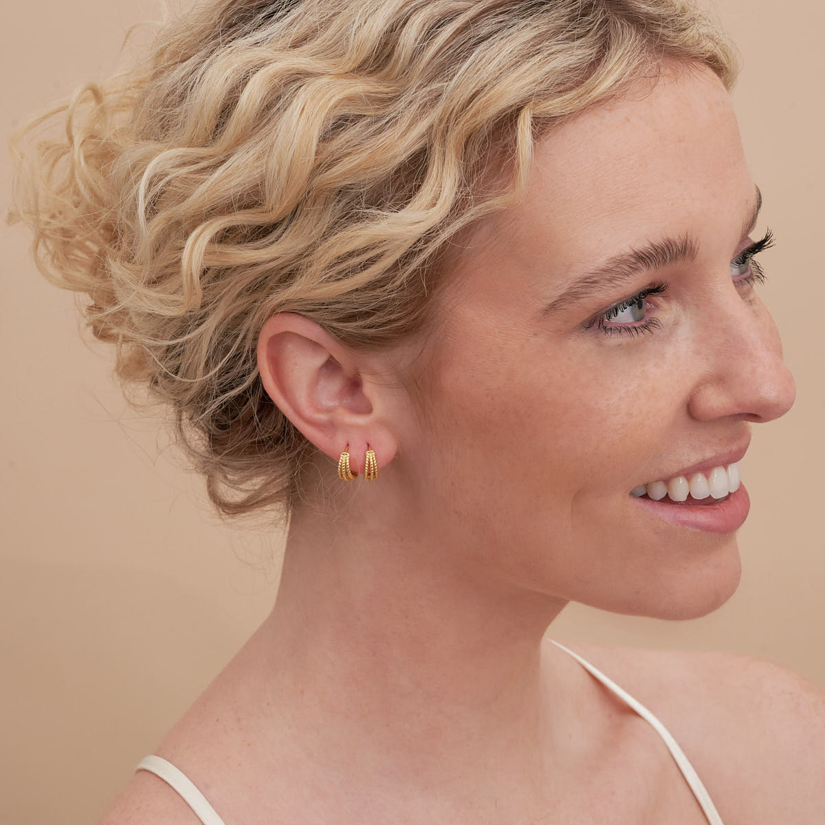 Triple Textured Huggie Hoops in Gold
