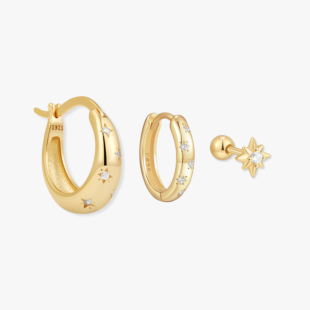 Gold hoop earrings with star designs on a white background