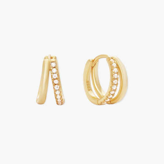 Crystal Double Hoop Huggies In Gold - LÉA