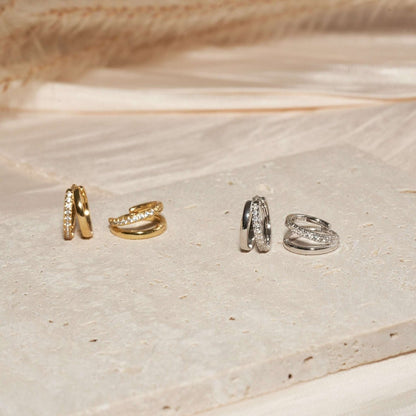 Crystal Double Hoop Huggies In Gold - LÉA