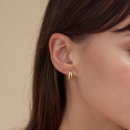 Crystal Double Hoop Huggies In Gold - LÉA