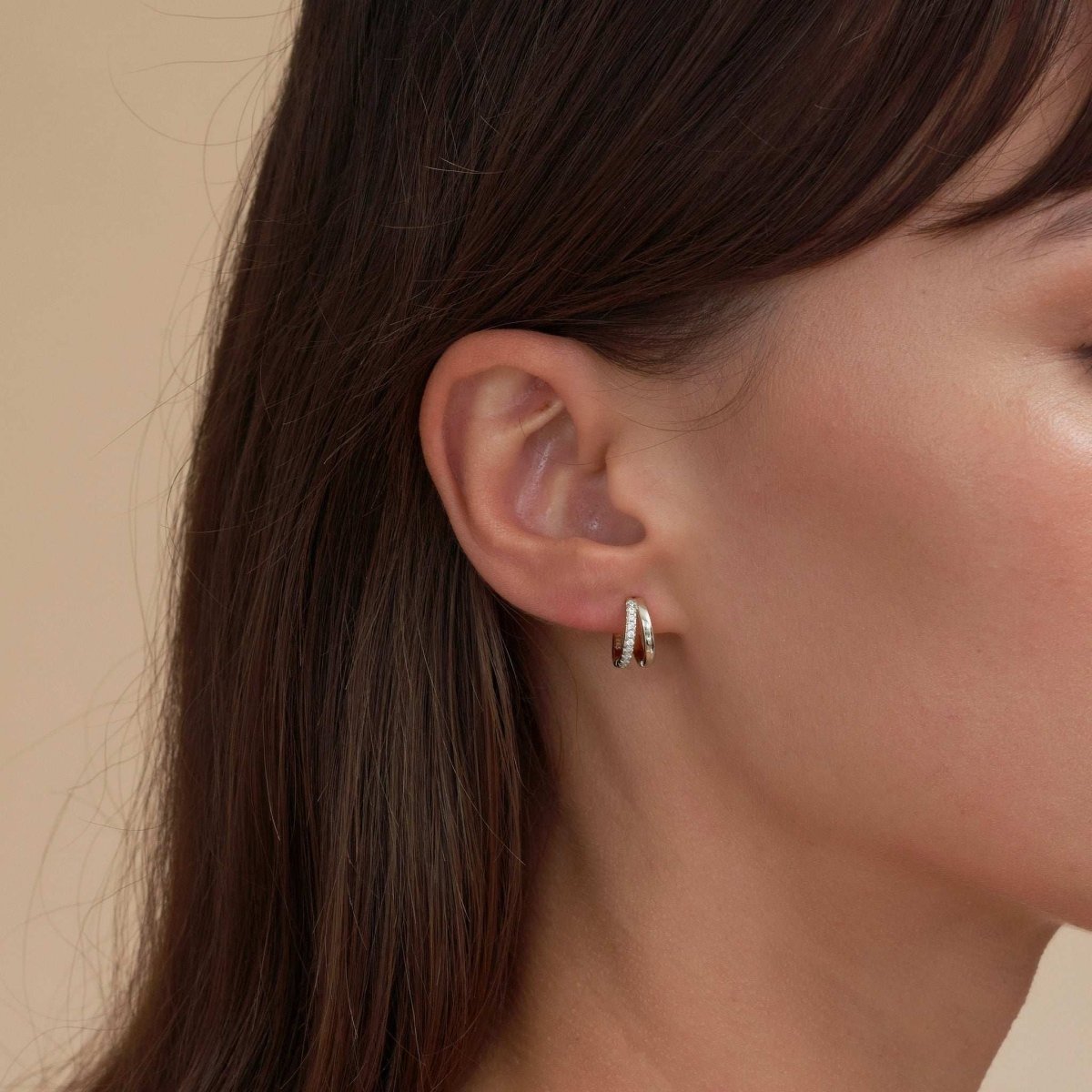 Crystal Double Hoop Huggies In Silver - LÉA