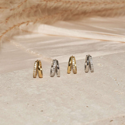 Crystal Double Hoop Huggies In Silver - LÉA