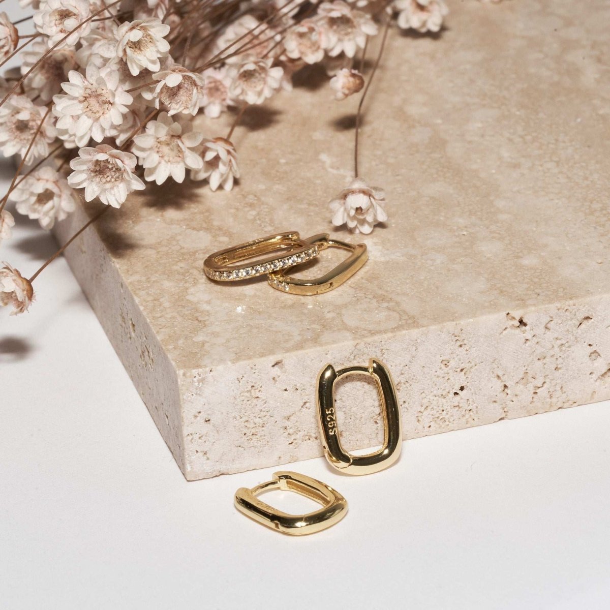 Crystal Paved Rectangle Huggies in Gold - LÉA