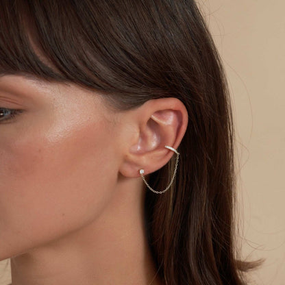 Ear Cuff Crystal Stud Chain Earring in Silver - LÉA