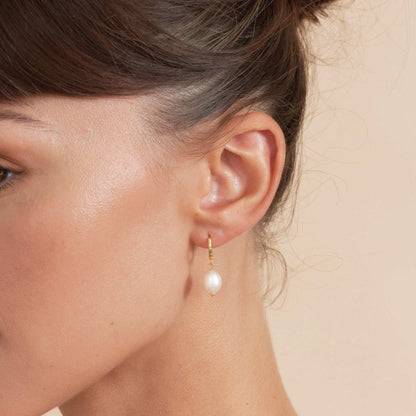 Freshwater Pearl Dangle Hoops in Gold - LÉA