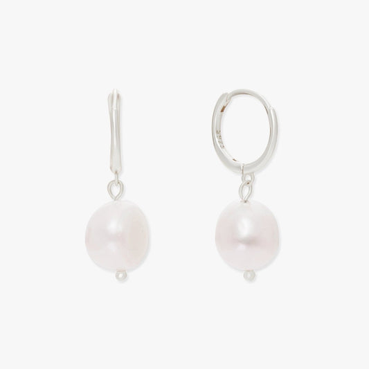 Freshwater Pearl Dangle Hoops in Silver - LÉA