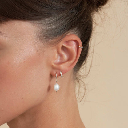 Freshwater Pearl Dangle Hoops in Silver - LÉA