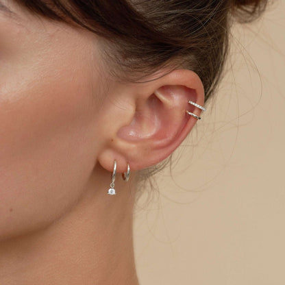 Round Gem Dangle Hoops in Silver - LÉA