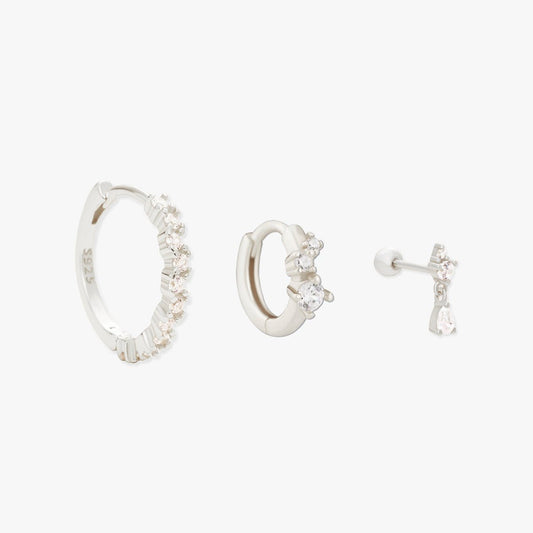Sparkle Diamond Hoops Set In Silver - LÉA