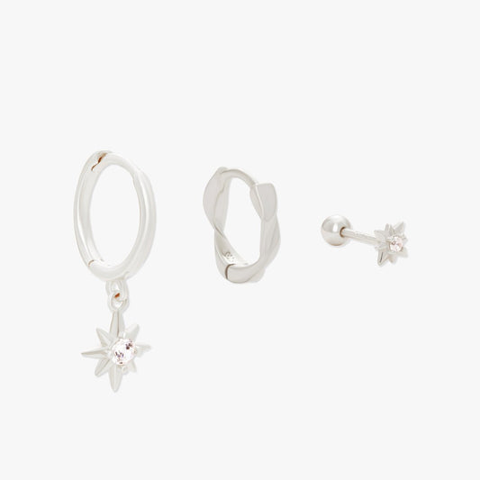 Starburst Dangle Hoops Set in Silver - LÉA