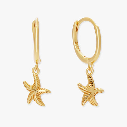 Gold starfish earrings on a white background