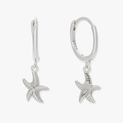 Silver starfish earrings on a white background