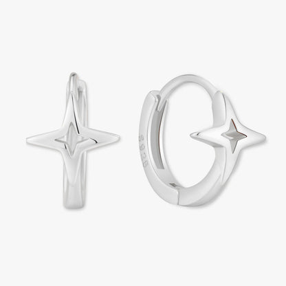 Silver hoop earrings with star designs on a white background